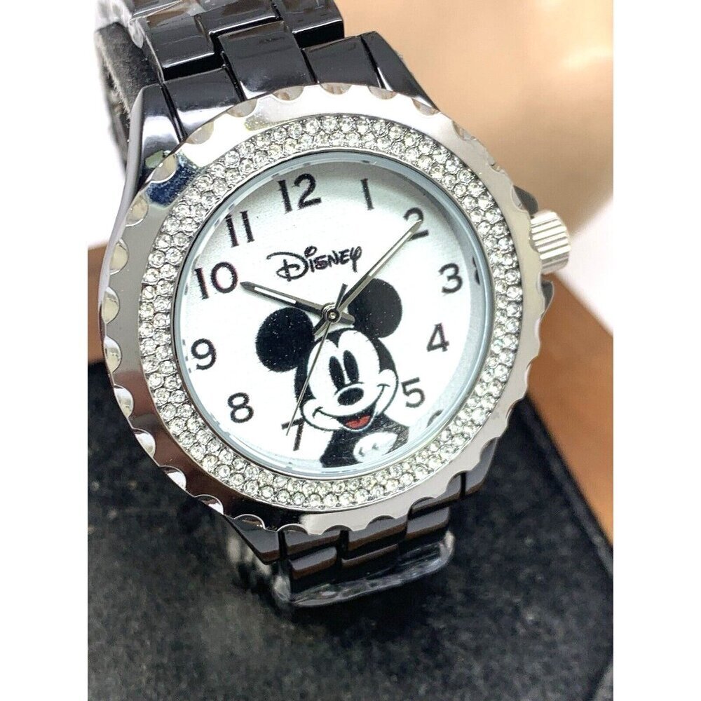 Disney Mickey Mouse Women's Watch W000501 Black Quartz White Dial Gemmed Bezel